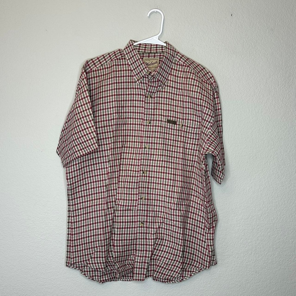 VTG Woolrich Men's Short Sleeve Plaid Button Down Shirt Size L Hong Kong Linen